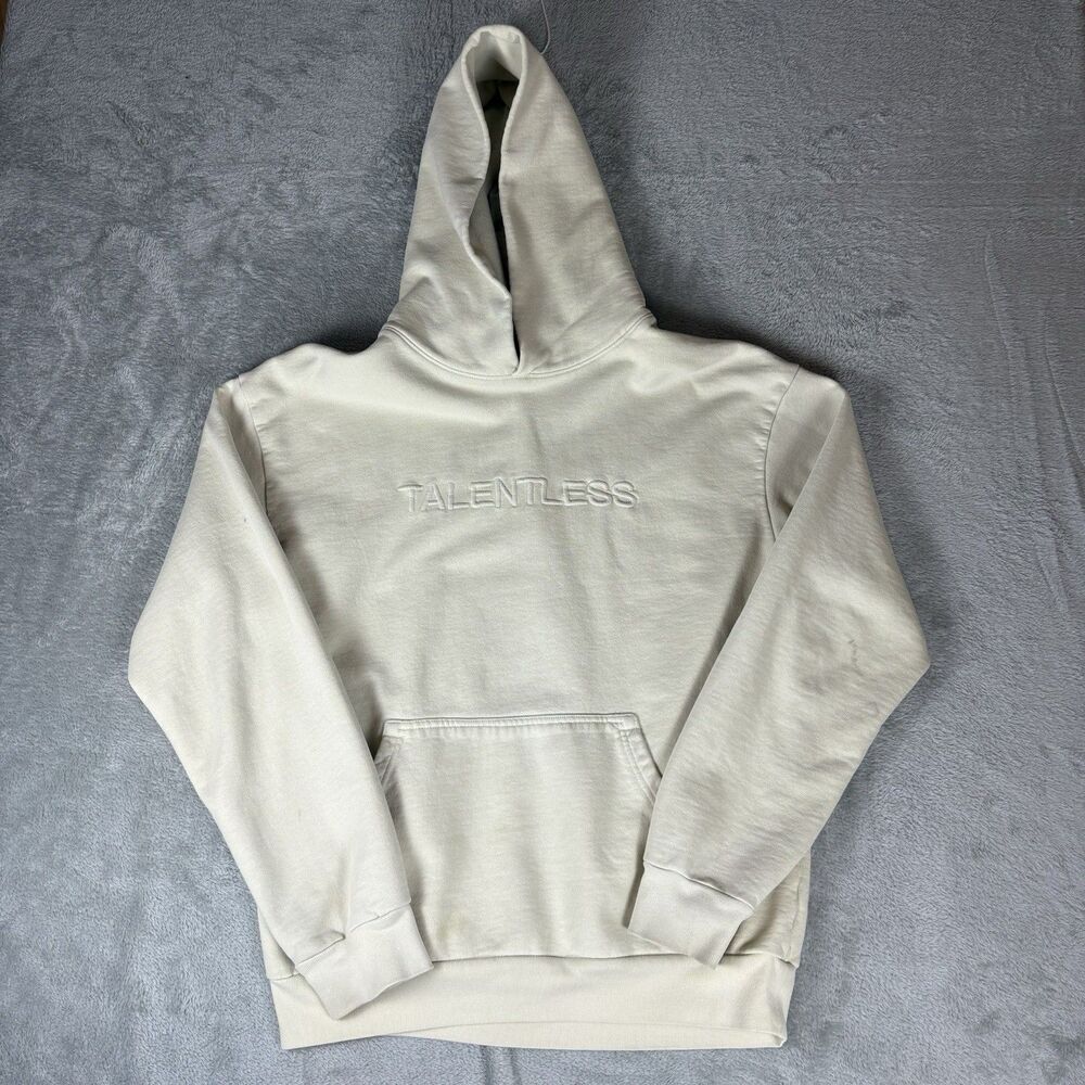 Talentless Hoodie Mens Medium Off White Color Wash Pullover Cotton‎ Embroidered